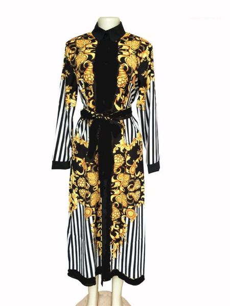 

single breasted long dress palace style print striped dress retro womens designer belt long sleeve lapel neck, Black;gray