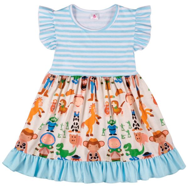 

new style girls dresses children flying sleeves striped animal monkey ruffle dress fashion kids dresses vestido, Red;yellow