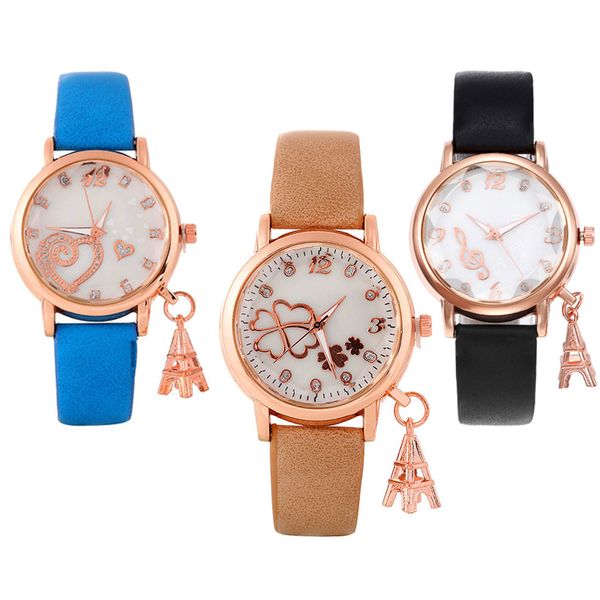 

4 models fashion women ladies music notes eiffer tower leather watch leisure casual female dress quartz party gift wristwatches, Slivery;brown