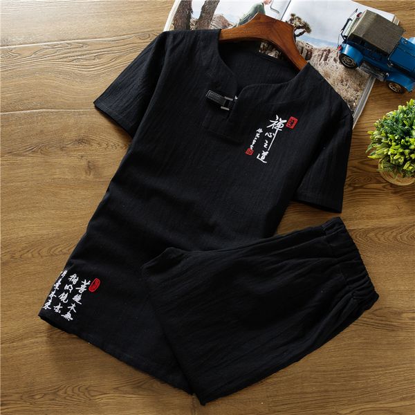 

plus size 6xl men shirt set summer linen male two piece mens shirts short sleeve with shorts 2 pcs chinese design tracksuit, Gray