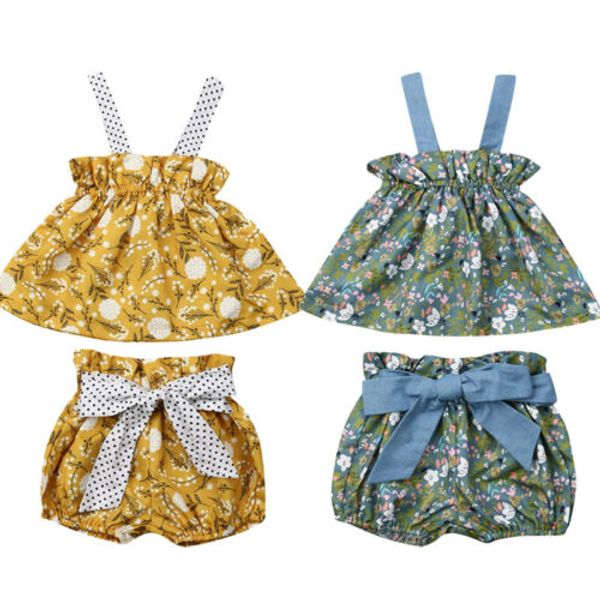 

baby girls floral printed clothes set 2019 casual newborn baby girls sling mini dress bow shorts 2pcs outfit clothes set, Pink;blue