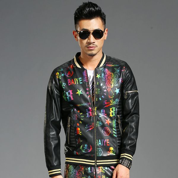

#2462 colorful pu leather jacket men black high street spliced streetwear windbreaker plus size slim bomber jacket, Black;brown