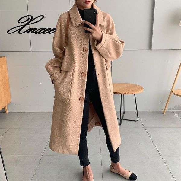 

xnxee single-breasted women's woolen coat new autumn and winter coat women's woolen loose quilted, Black