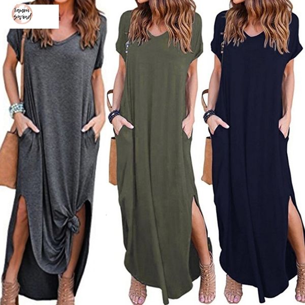 

fashion new long dress v neck summer beach short sleeves floor length loose g3 drop shipping good quality designer clothes, Black;gray