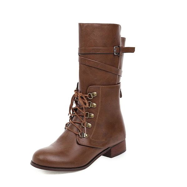 

kalenmos women boots block low heel buckle biker boots zip classics mid calf autumn winter shoes women footwear size 34-43, Black