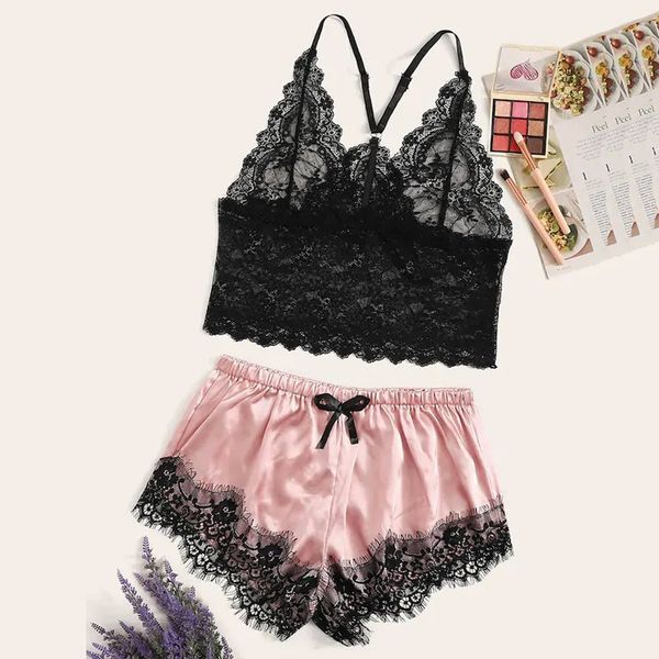 

new underwear set 2019 new women's fashion lace satin wireless bra camisole pajamas sleepwear bowknot shorts set, Black;red