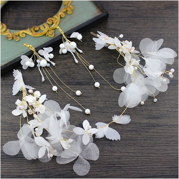 

white crystal handmade beads crepe flower headband earrings wedding hair decorated flower, Golden;white