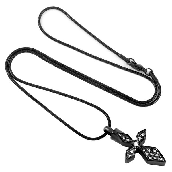 

z203 black hold clear crytsal cross memorial urn jewelry to put ashes in - 316l stainless steel keepsake cremation necklace, Silver
