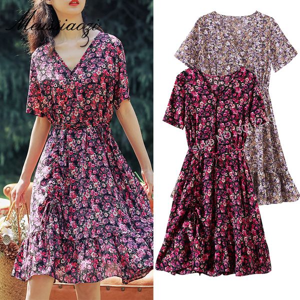 

2020 summer women ruffle floral print dress vintage short sleeve v neck casual boho dress ruffles party vestidos, Black;gray