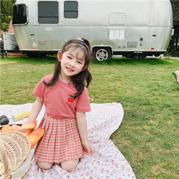 

girl designer clothing sets fashion kids girls embroidery short sleeve t-shirts + pleated skirt children suits summer fashion two pieces, White