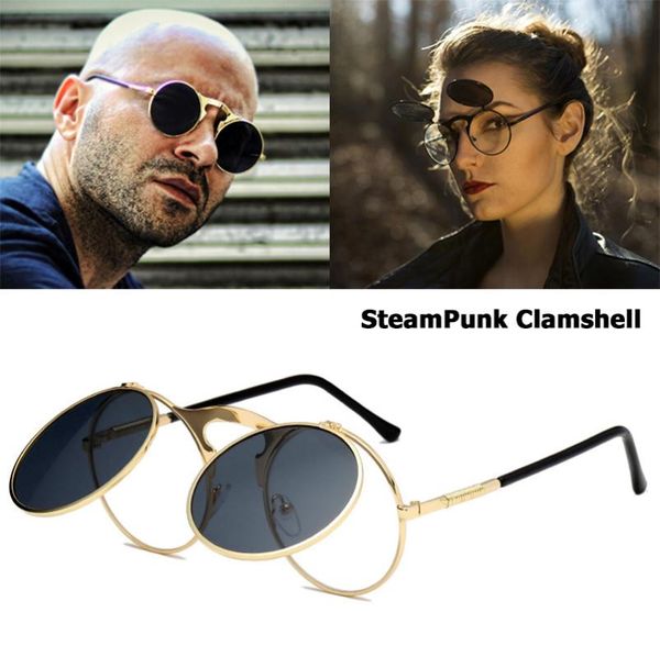 

jackjad 2018 new fashion vintage round steampunk flip up sunglasses steam punk clamshell design retro sun glasses, White;black