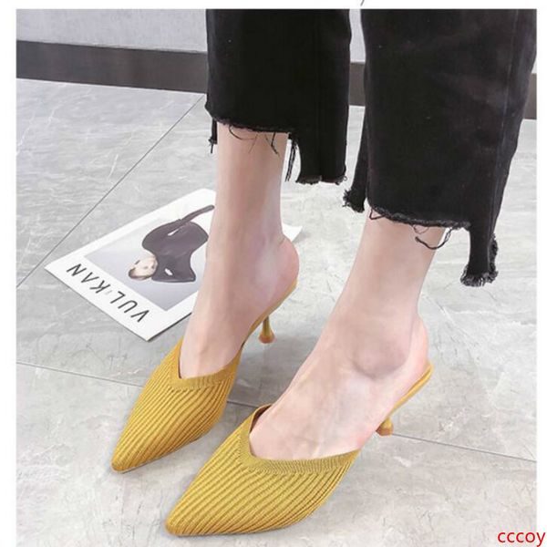 

net burgundy lazy baotou half slippers women wear 2019 summer new knitted stiletto pointed high heel sandals autumn