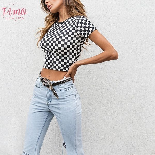 

2019 new women spring summer slim t shirt black white checkerboard pattern plaid crop short sleeve cotton t shirt