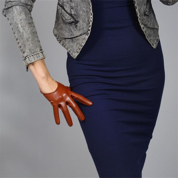 

ultra short leather gloves 13cm showing arm length emulation leather sheepskin coffee dark brown caramel bronze female wpu75, Blue;gray