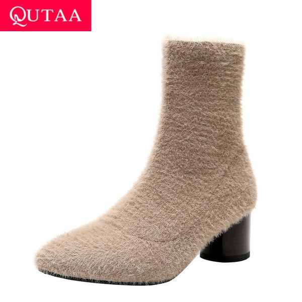 

qutaa 2020 knitting flock concise round toe slip on ankle boots fashion square middle heel antiskid casual women shoes size34-39, Black