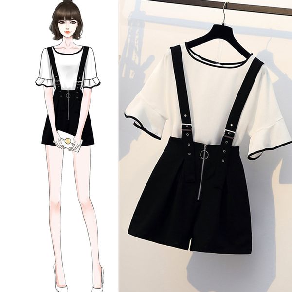 

aihuyigui summer women's summer new white chiffon t shirt top suit set + adjustment shoulder strap button short pant set se347