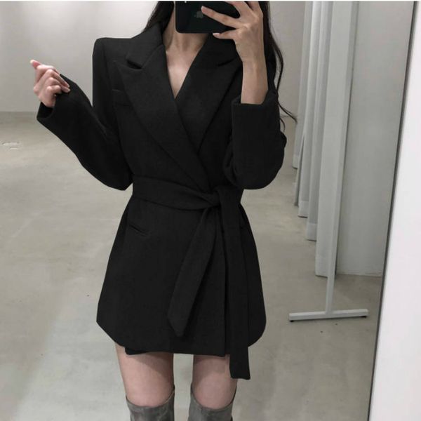 

women's wool & blends woman black woolen coat slim belt blazer jacket