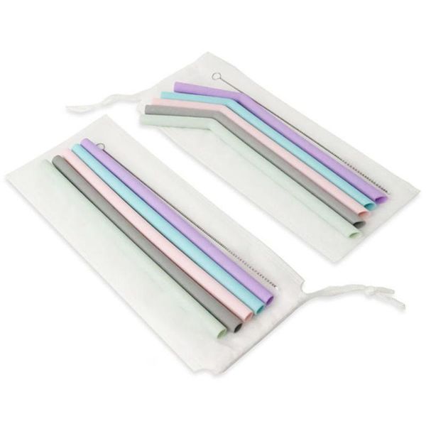 

5pcs/set reusable silicone grade drinking straws sturdy bent straight drinks straw with cleaning brushes for bar party