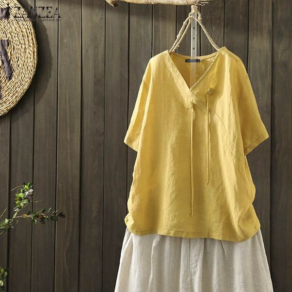 

2020 zanzea summer v neck solid loose women short sleeve shirt vintage blouse female tunic blusas femininas chemise, White