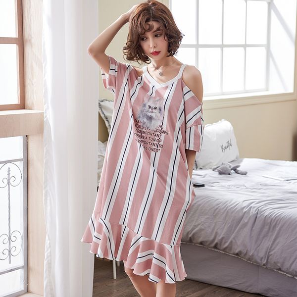 

4xl summer women's nightgowns shortsleeve 100% cotton dress cute cat girl sleepwear cartoon striped printed sleepwear, Black;red