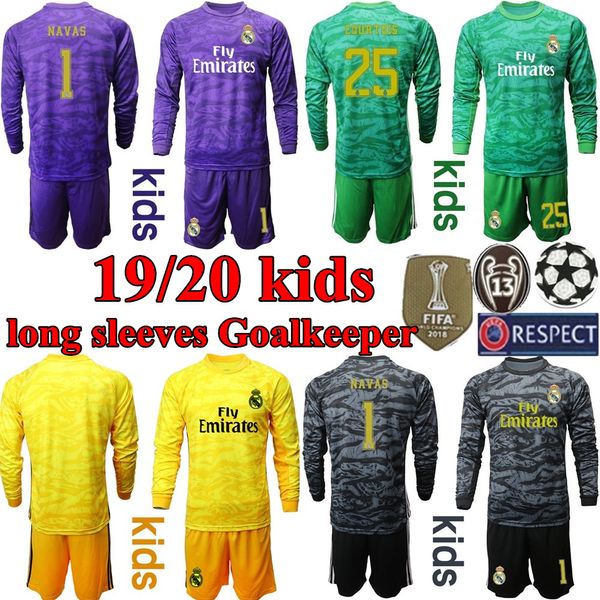

2019 2020 real madrid soccers jersey long sleeves kids kit soccer shirt madrid 19 20 navas courtois goalkeeper boys youth football uniforms, Black
