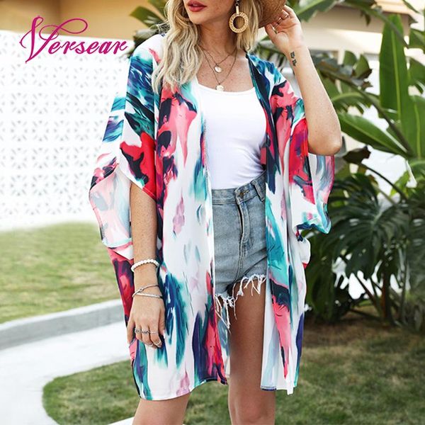 

cover-ups versear women bohemian holiday beachwear casual kimono cardigan open front half sleeves contrast color printed bikini cover ups