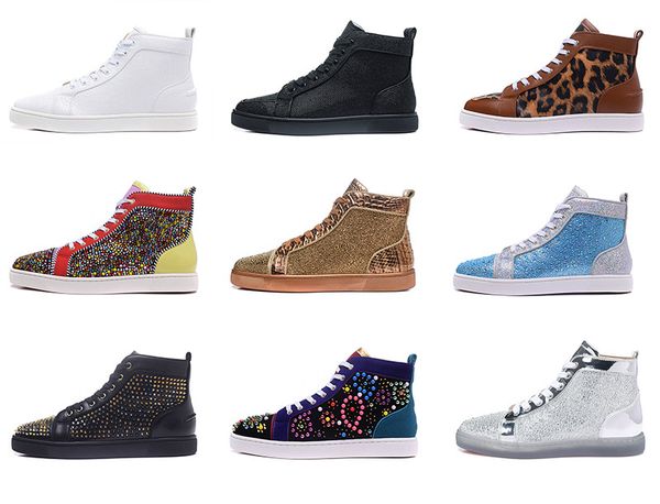 

luxury designer men red bottoms shoe studded spikes flats with diamond high sneakers glitter genuine leather des chaussures zapatos t01, Black