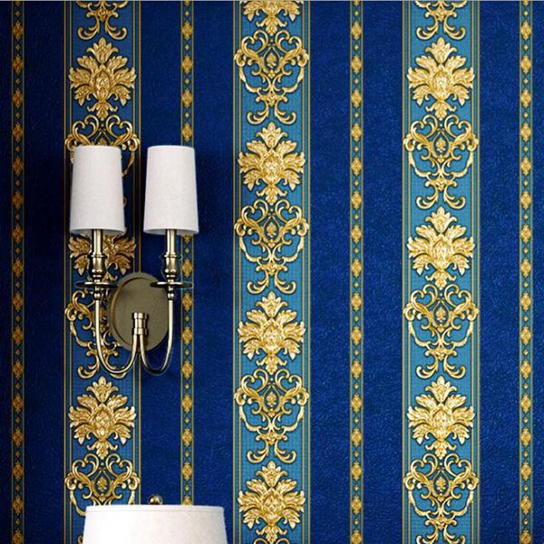 Luxo faixa de Damasco vinil Wallpaper escuro azul PVC papel de parede rolo impermeável parede Tampa Sala Quarto Home Decor