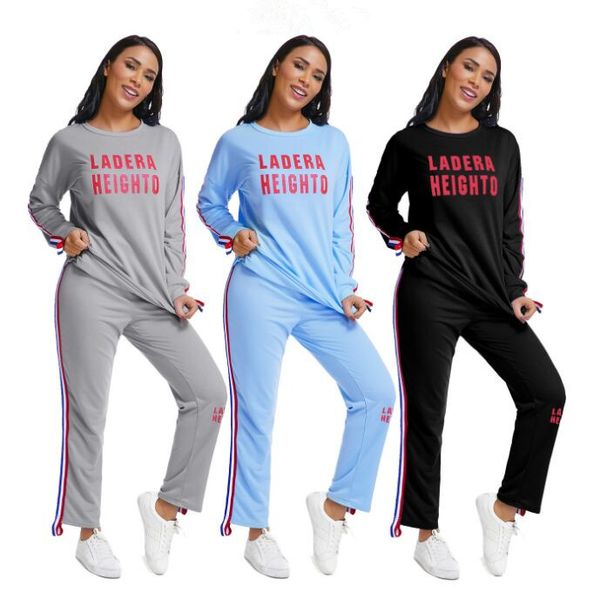 

2019 new women fashion letter printed 2 pieces outfits o-neck sweatshirt + long pants with striped edge, Gray