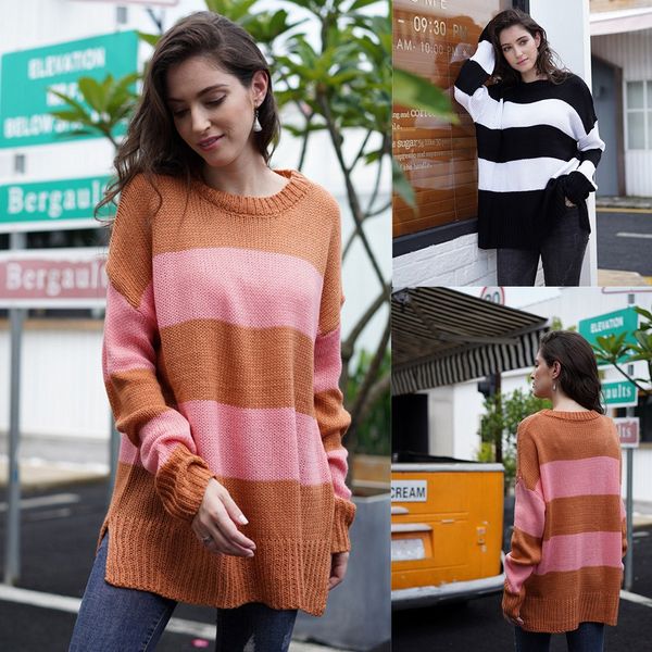 

winter women pullover sweater fashion striped printed long sleeve patchwork holiday streetwear lady sweater pull femme, White;black
