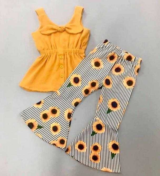 

boutique baby girls sets golden sleeveless with colorful sunfloral pattern bell pants girls fashion sets, White