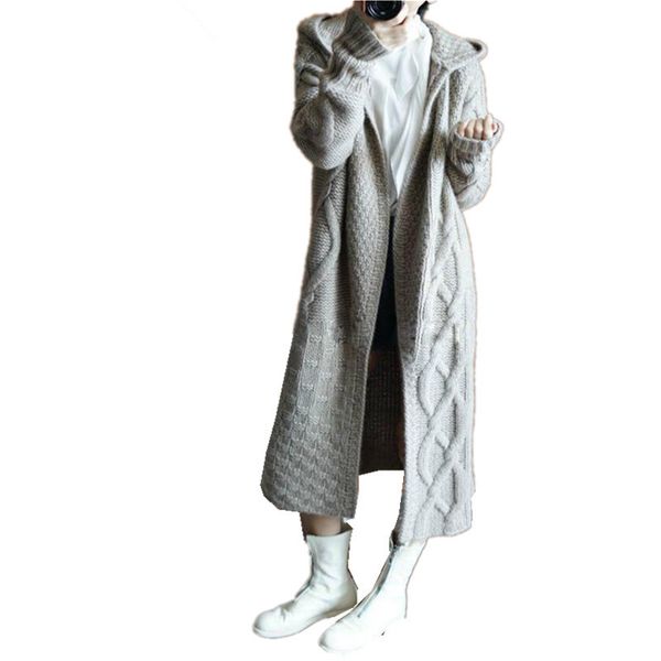 

jsxdhk new autumn winter women knitting long outerwear 2018 casual gray long sleeve hooded collar knitted loose cardigan coat, Black;white