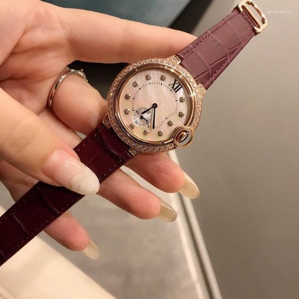 

women quartz movement watch 36mm 316l stainless steel watchcase leather band women ballon waterproof wristwatches, Slivery;brown