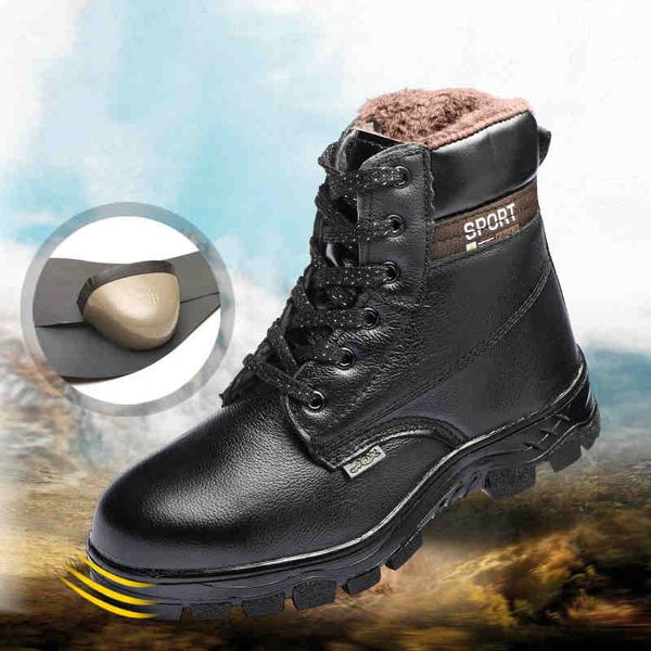 

man shoes winter genuine leather lace-up steel toe caps anti-puncture safety work boots plus big size safety steel toe cap, Black