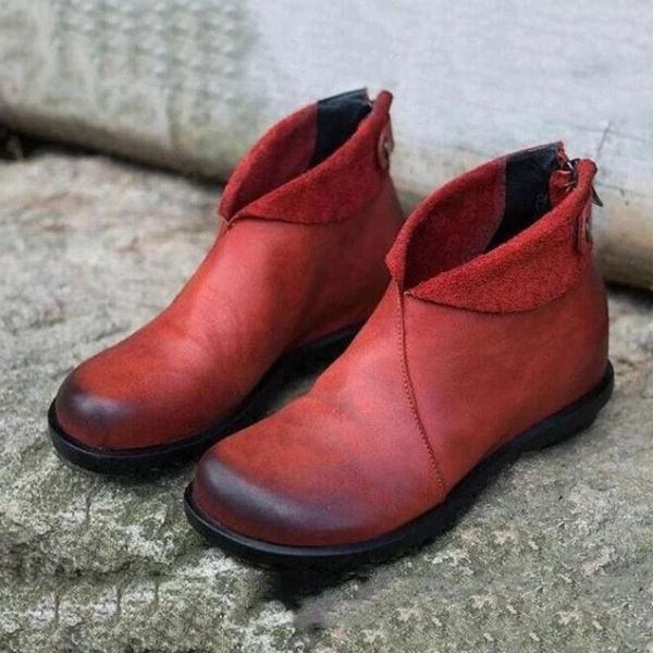 

women's plus size 34-43 ankle boots 2019 winter leather casual shoes for ladies solid color turned-over edge zipper short boots, Black