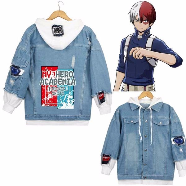 

my hero academia midoriya izuku todoroki s cosplay denim jacket casual fake two piece hooded autumn jeans outwear, Black