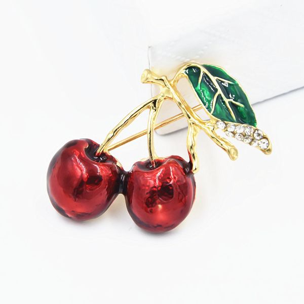 

lovely green leaf red cherry brooch coloured drawing or pattern drop oil-water fruit brooch lead needle pin accessories, Gray