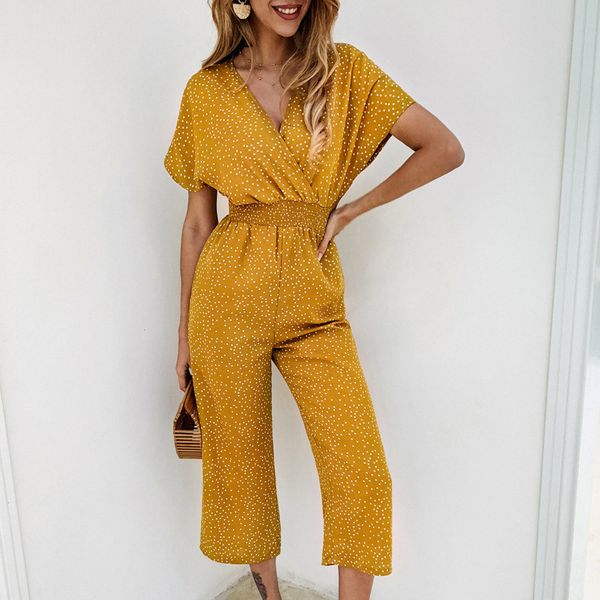 

elegant dot printing jumpsuit women summer vintage pocket v neck beach holiday playsuit short sleeve brief daily rompers, Black;white