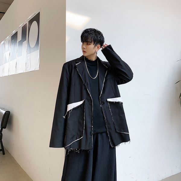 

men vintage japan streetwear punk gothic hip hop loose casual blazer jacket male slit splice suit coat outerwear, White;black
