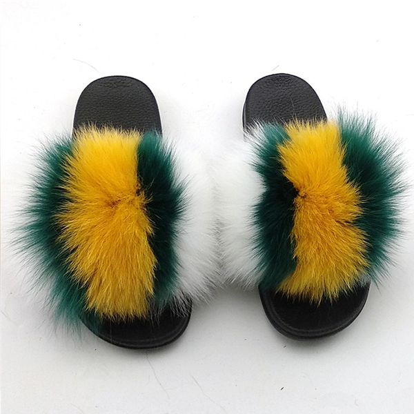 

summer women fur slippers real hair fluffy mixed colors slides rubber flat non slip indoor sandals female beach shoes, Black