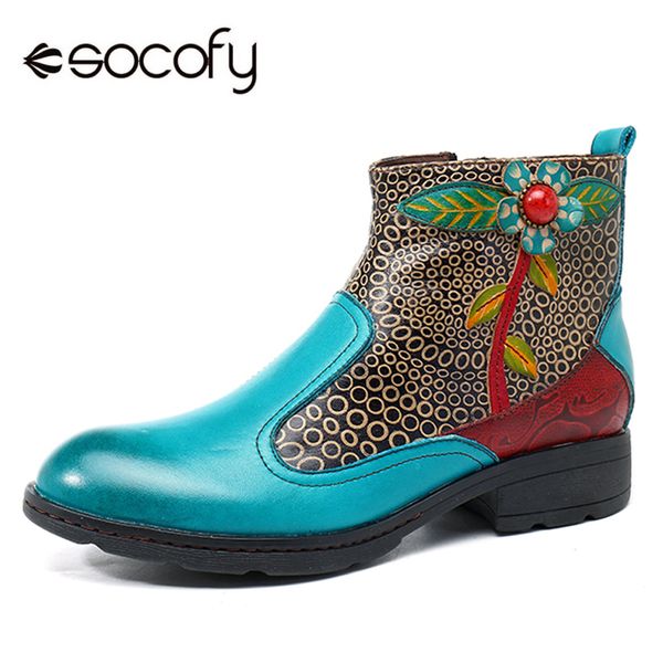 

socofy bohemian retro genuine leather ankle boots women shoes handmade flower zipper flat heel women boots spring fall botas new, Black
