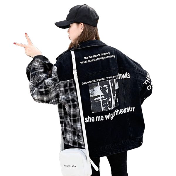 

2019 womens autumn loose denim jacket harajuku bomber jacket streetwear plaid black jeans women letter printed basic jeans coat, Black;brown