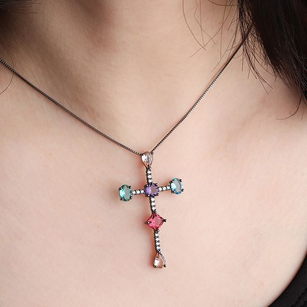

2020 new copper cross pendant necklace colorful cubic zirconia black white fashion necklaces for women jewelry 2020 statement, Silver
