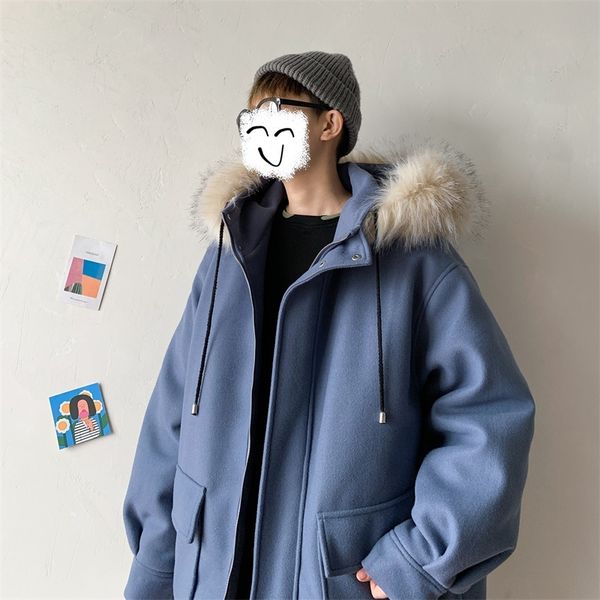 

winter woolen coat men's fashion solid color casual fur collar hooded woolen jacket man streetwear wild loose overcoat, Black