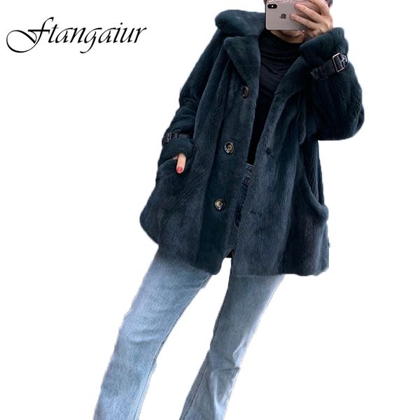 

ftangaiur 2019 new winter import velvet coat turn-down collar belt mink coat women's medium natural real coats, Black