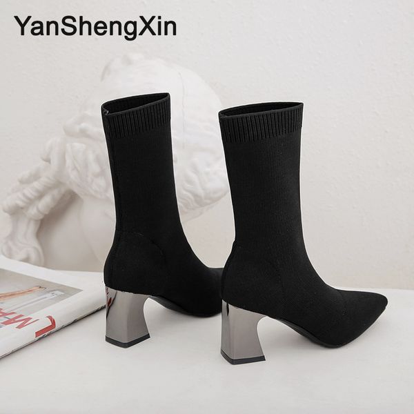 

yanshengxin shoes woman boots stretch socks mid-calf boots fashion pointed toe women shoes autumn winter ladies booties, Black