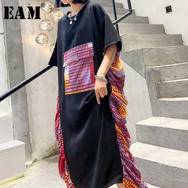 

eam] women black plaid asymmetrical big size dress new round neck half sleeve loose fit fashion tide spring summer 2020 1t841, Black;gray