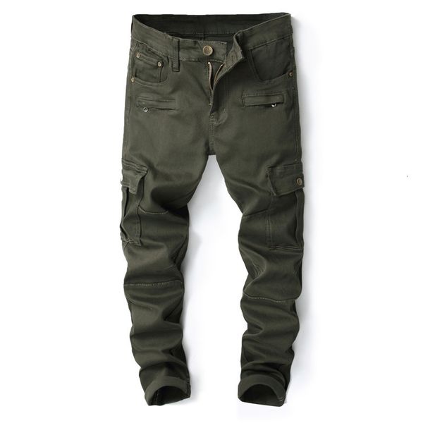 

new brand men's army green military jeans slim fit multi pocket designer denim trousers for male elastic runway jeans 8009#, Blue