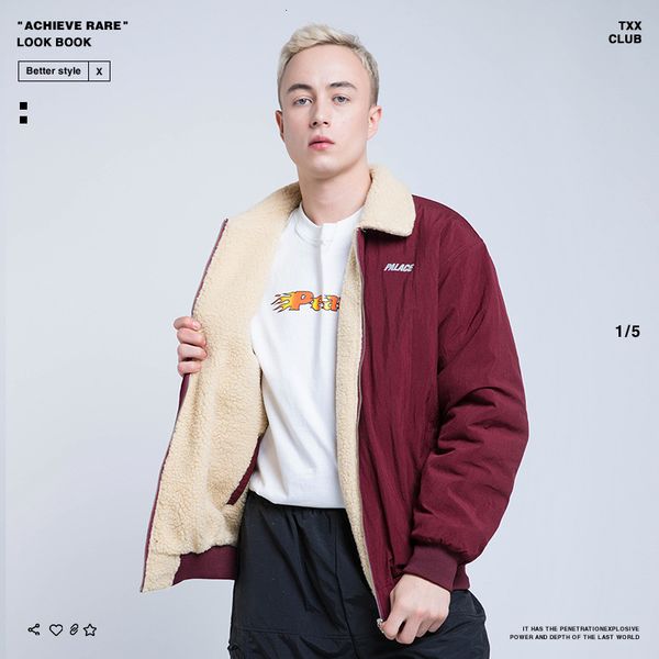 

palace 2019 life tide card wear lamb velvet lapel zipper men's style jacket, Black;red