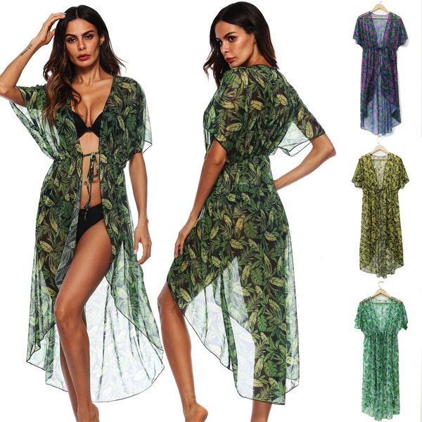 

2019 летняя мода boho кардиган женщины sexy leaf печатных шифон кимоно бикини прикрыть пляжные макси блузки пиджаки blusa 4 цвета, White